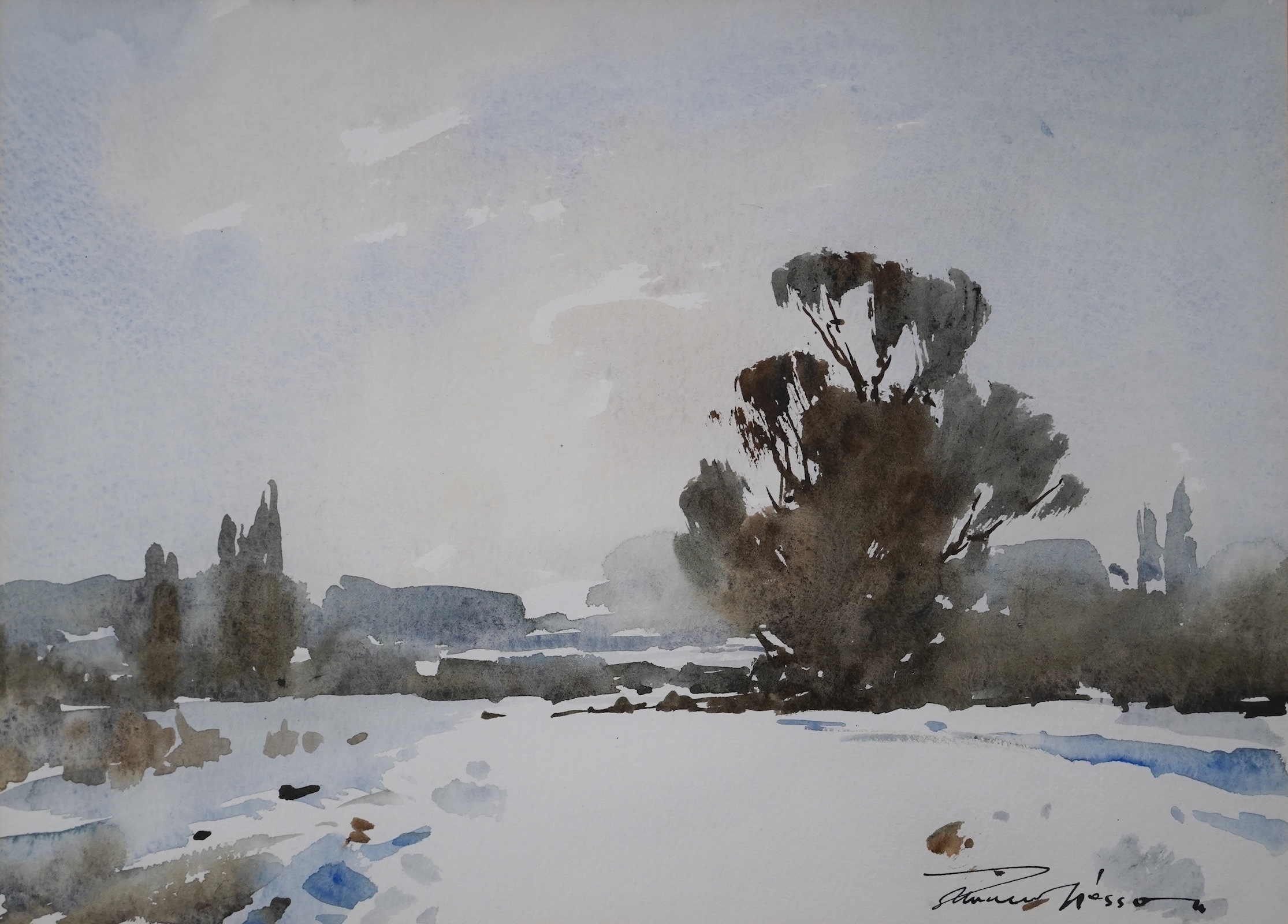 Edward Wesson (1910-1983), watercolour, 'Snow in January', signed, Fine Art label verso, 25 x 34cm